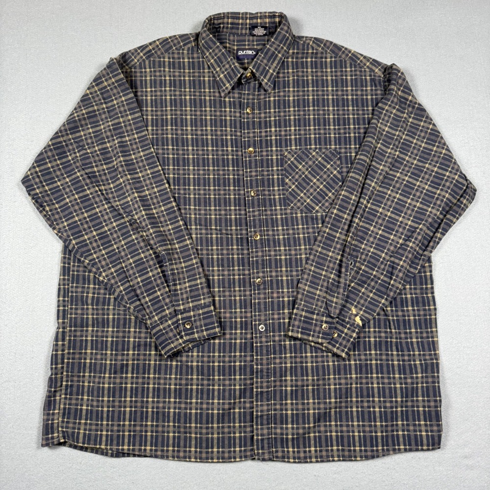 Puritan Plaid Shirt Mens 3XL Blue Cotton Flannel Style Button Down Long Sleeve